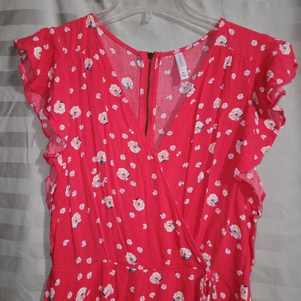 Dress by xhilaration RED with floral print, Size M, V overlap front, zip in back